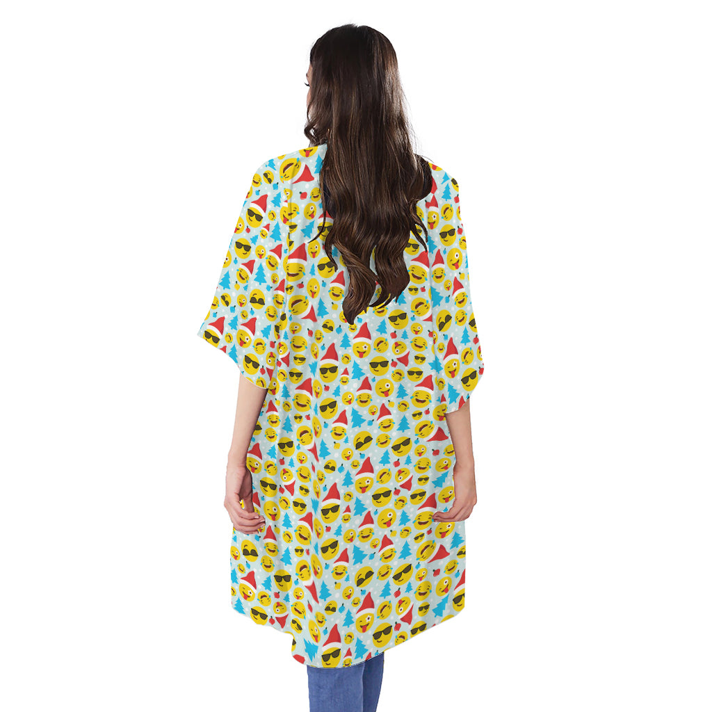 Christmas Emoji Pattern Print Open Front Beach Cover Up