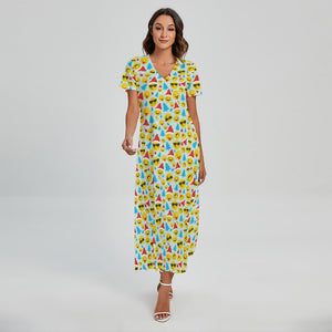 Christmas Emoji Pattern Print Short Sleeve Maxi Dress