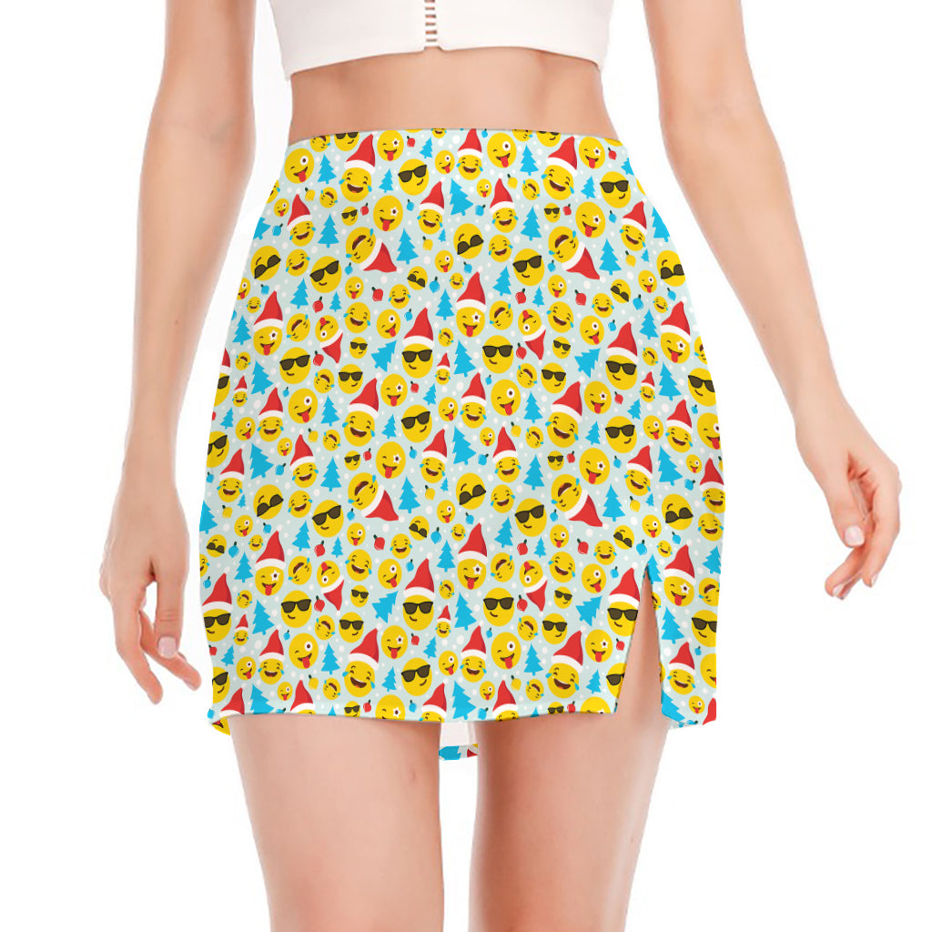 Christmas Emoji Pattern Print Side Slit Mini Skirt