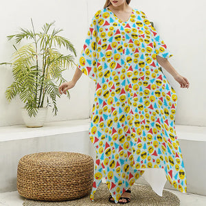 Christmas Emoji Pattern Print Silk V-Neck Kaftan Dress