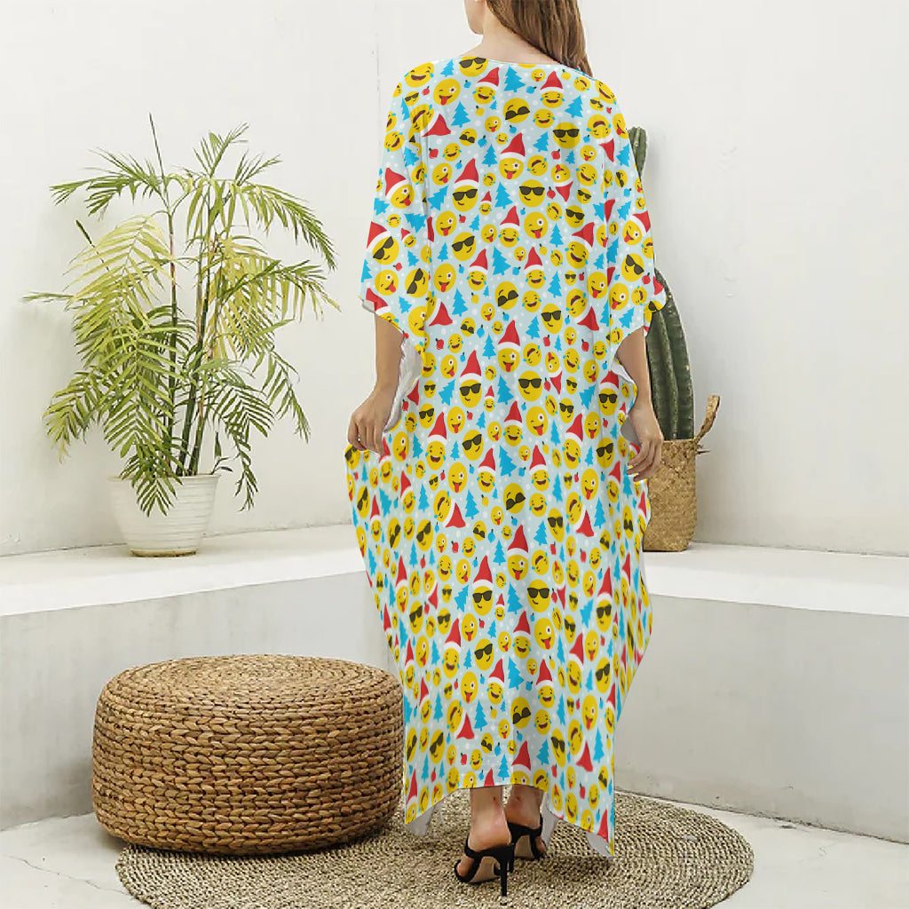 Christmas Emoji Pattern Print Silk V-Neck Kaftan Dress