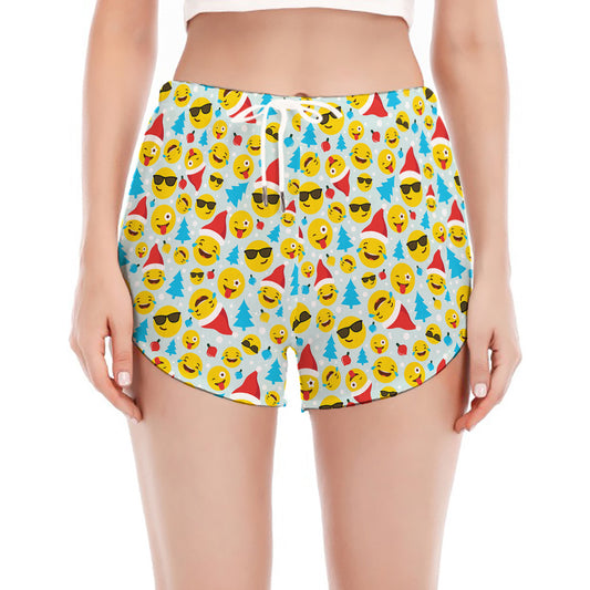 Christmas Emoji Pattern Print Women's Split Running Shorts