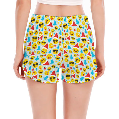Christmas Emoji Pattern Print Women's Split Running Shorts