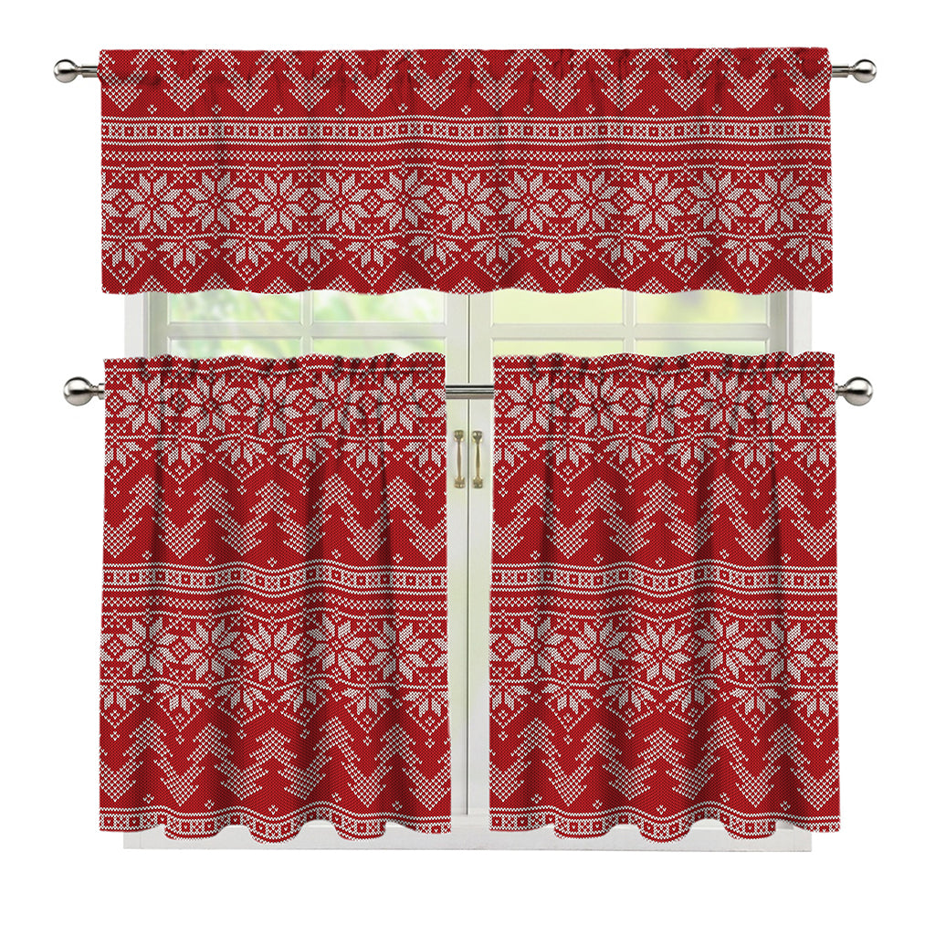 Christmas Festive Knitted Pattern Print 3 Piece Kitchen Curtains