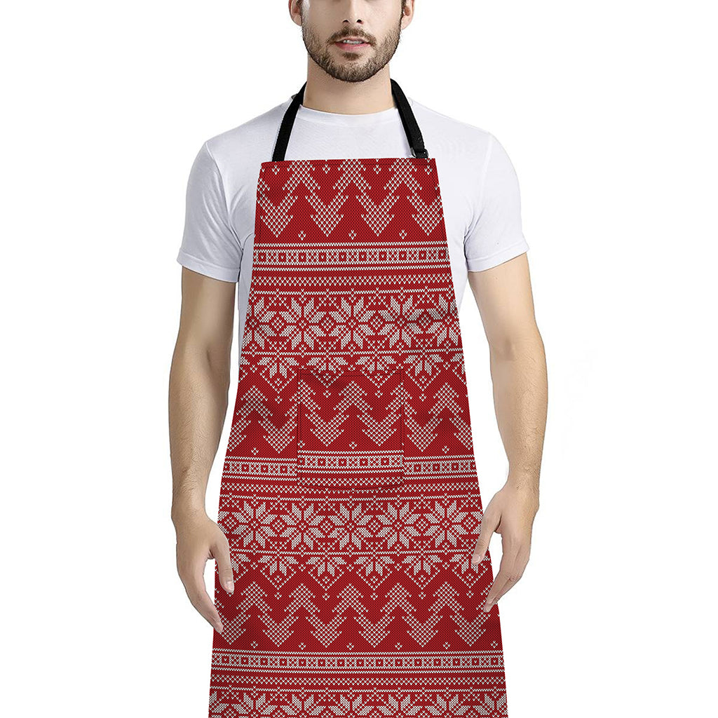 Christmas Festive Knitted Pattern Print Bib Apron With Pocket