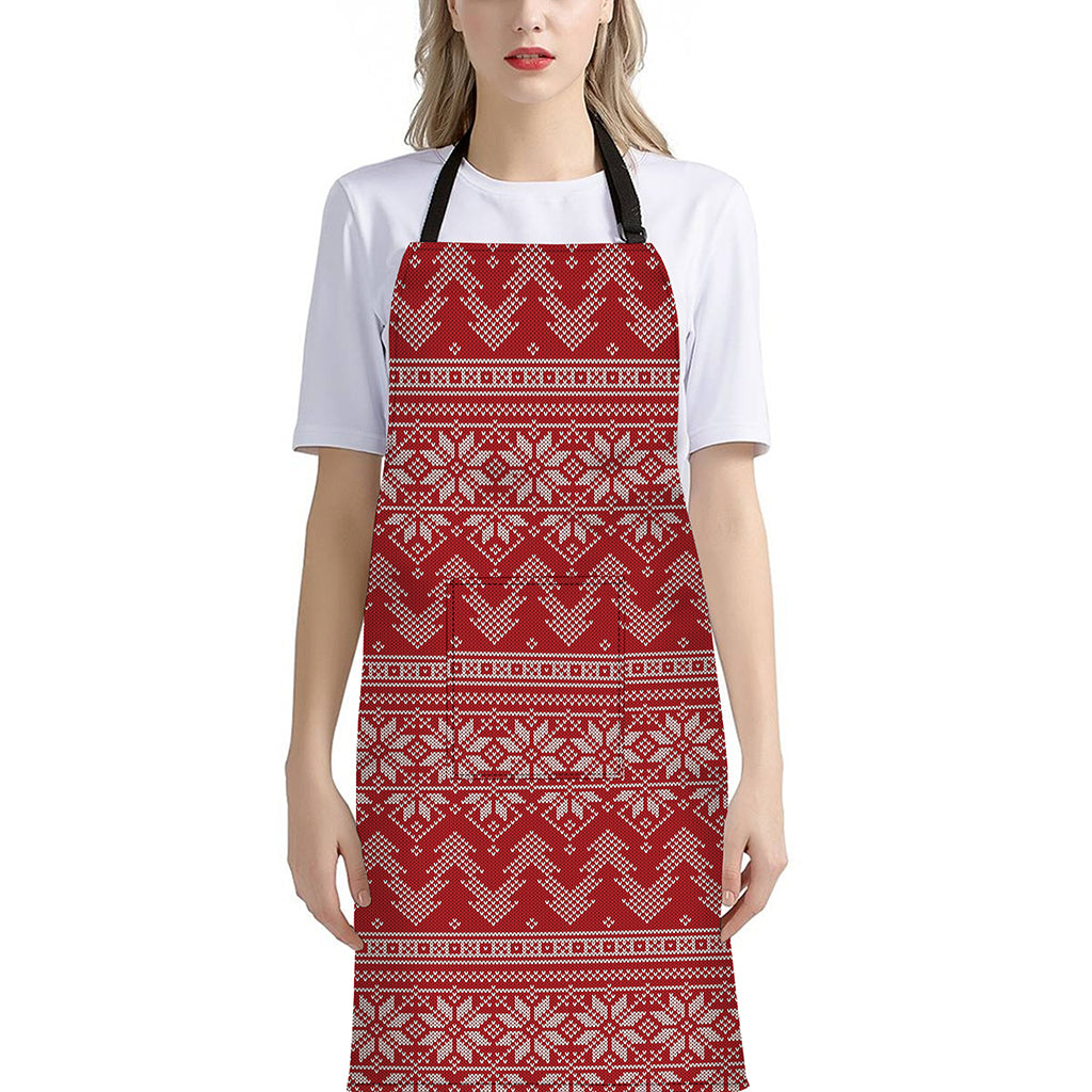 Christmas Festive Knitted Pattern Print Bib Apron With Pocket