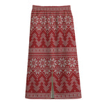 Christmas Festive Knitted Pattern Print Cotton Front Slit Maxi Skirt