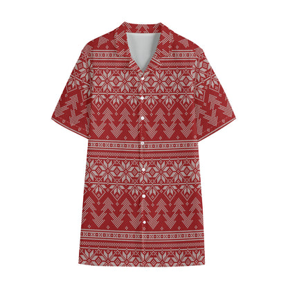 Christmas Festive Knitted Pattern Print Cotton Hawaiian Shirt