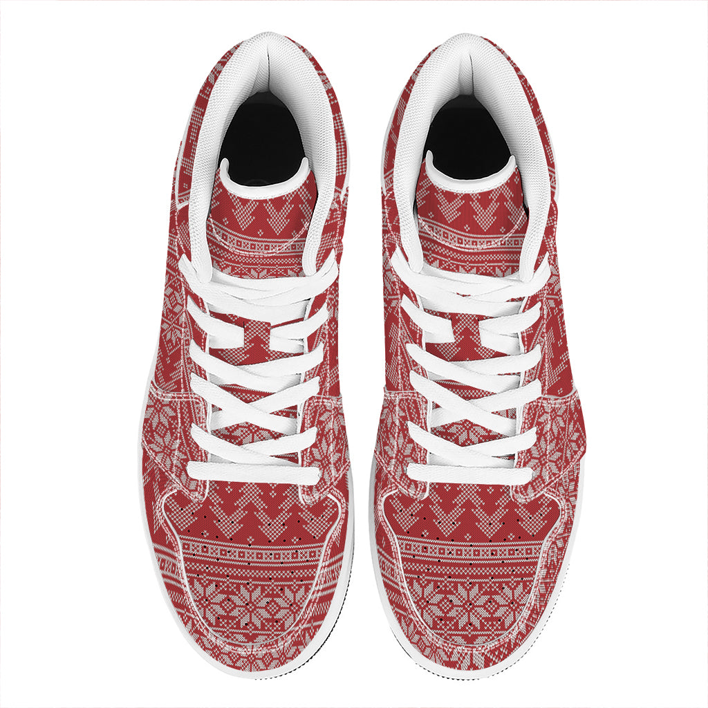 Christmas Festive Knitted Pattern Print High Top Leather Sneakers