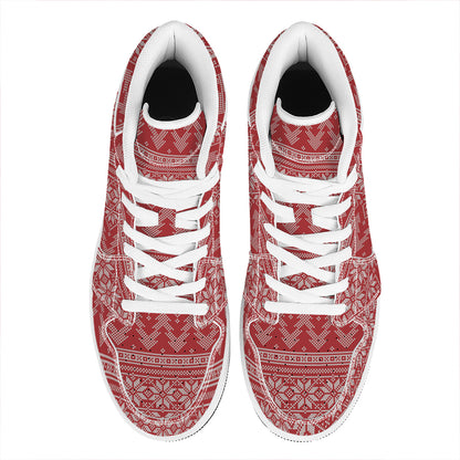 Christmas Festive Knitted Pattern Print High Top Leather Sneakers