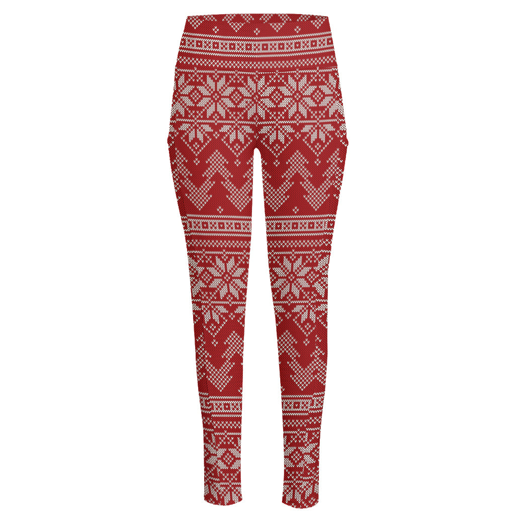 Christmas Festive Knitted Pattern Print High-Waisted Pocket Leggings