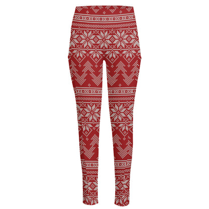 Christmas Festive Knitted Pattern Print High-Waisted Pocket Leggings