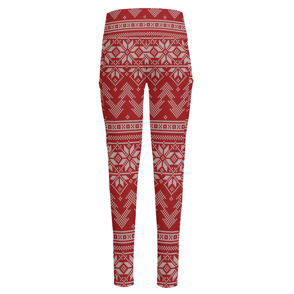 Christmas Festive Knitted Pattern Print High-Waisted Pocket Leggings