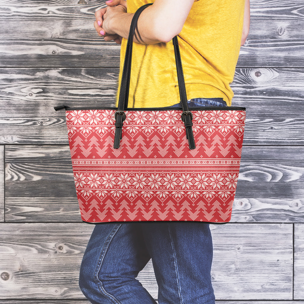 Christmas Festive Knitted Pattern Print Leather Tote Bag