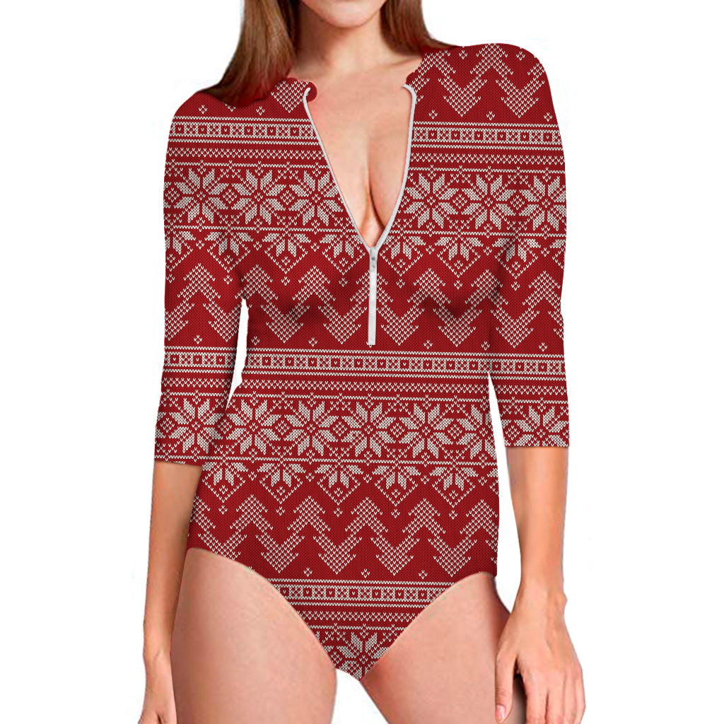 Christmas Festive Knitted Pattern Print Long Sleeve Swimsuit