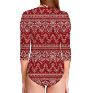 Christmas Festive Knitted Pattern Print Long Sleeve Swimsuit