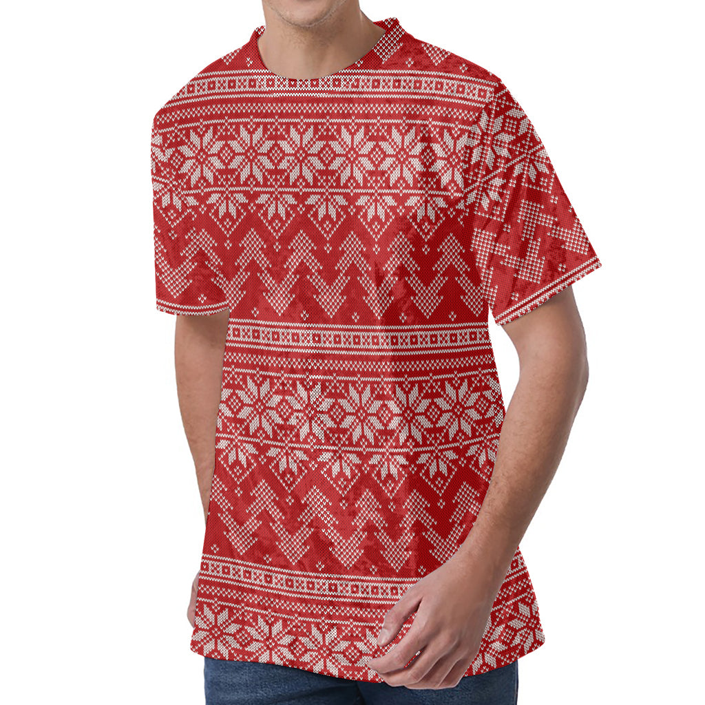 Christmas Festive Knitted Pattern Print Men's Velvet T-Shirt