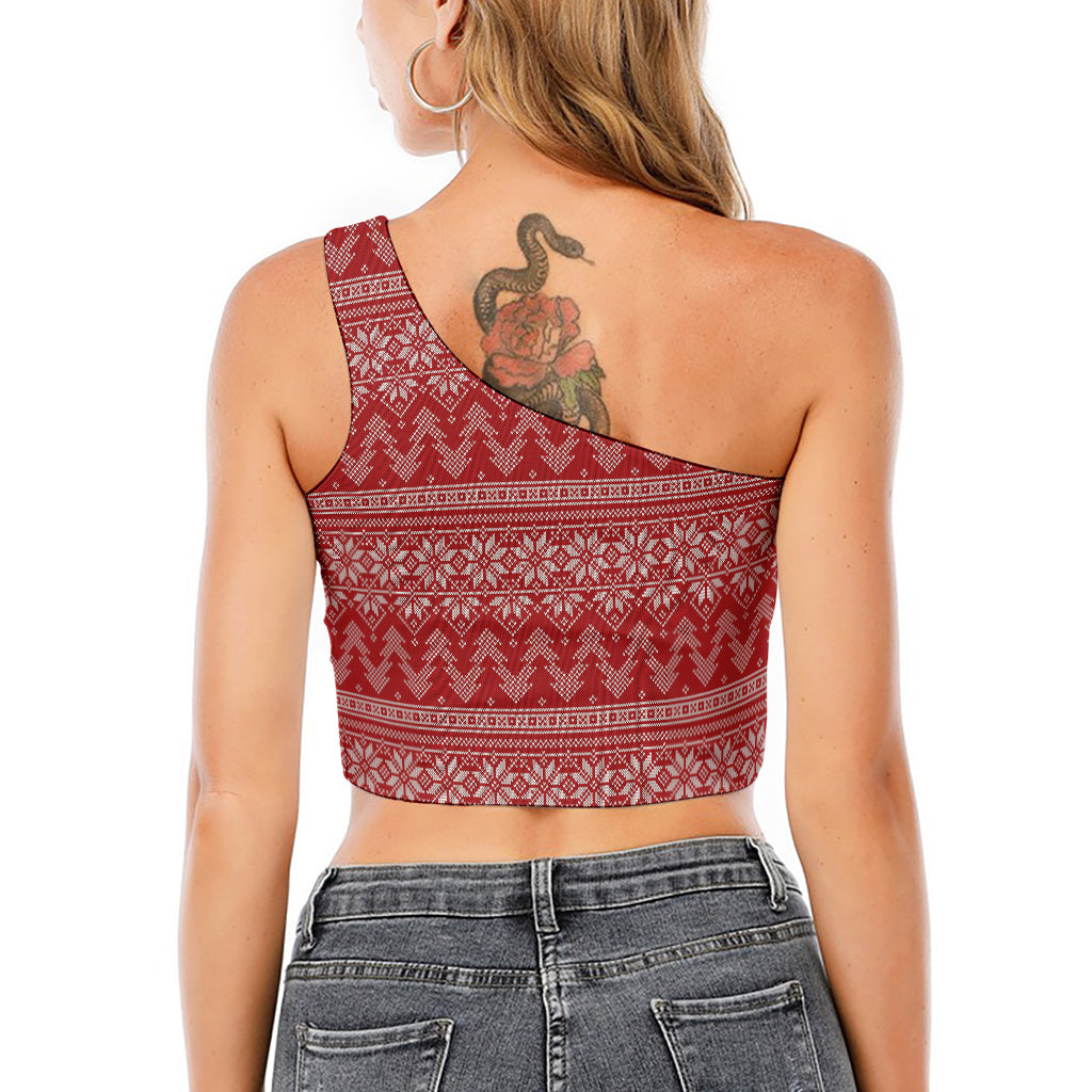 Christmas Festive Knitted Pattern Print One Shoulder Crop Top