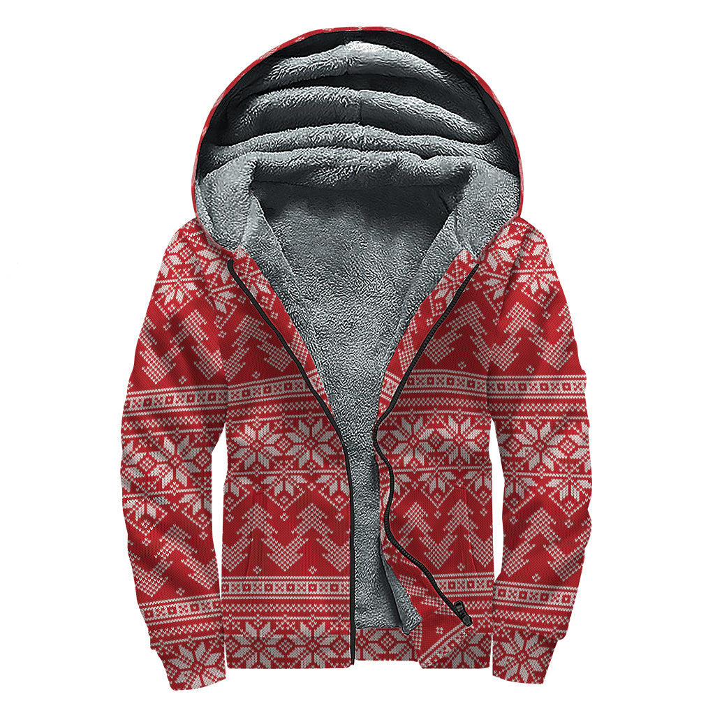 Christmas Festive Knitted Pattern Print Sherpa Lined Zip Up Hoodie