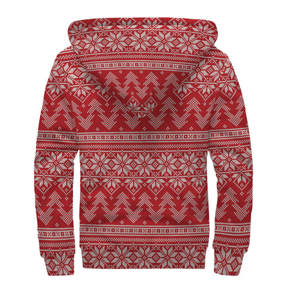 Christmas Festive Knitted Pattern Print Sherpa Lined Zip Up Hoodie