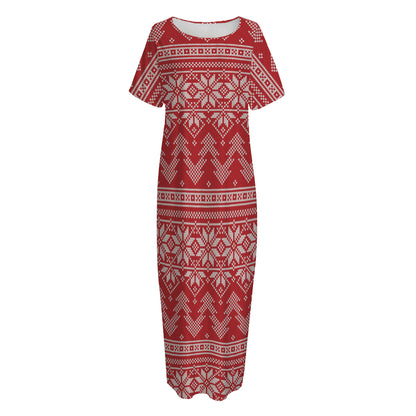 Christmas Festive Knitted Pattern Print Short Sleeve Long Nightdress