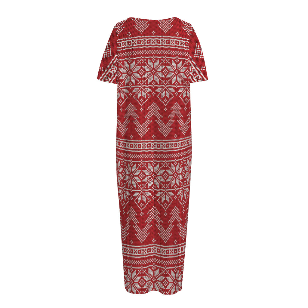 Christmas Festive Knitted Pattern Print Short Sleeve Long Nightdress