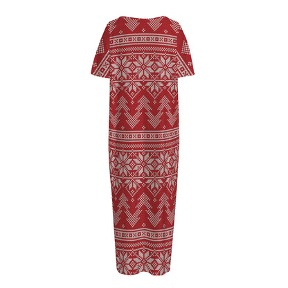 Christmas Festive Knitted Pattern Print Short Sleeve Long Nightdress