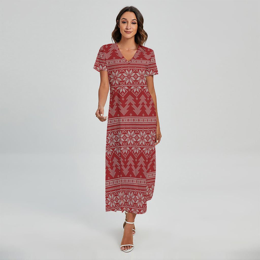 Christmas Festive Knitted Pattern Print Short Sleeve Maxi Dress