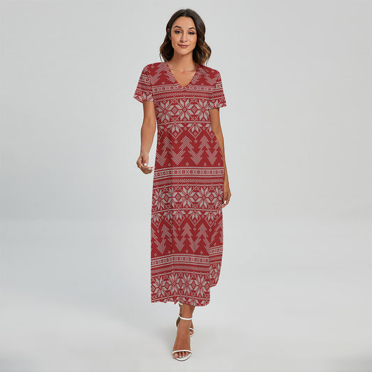 Christmas Festive Knitted Pattern Print Short Sleeve Maxi Dress