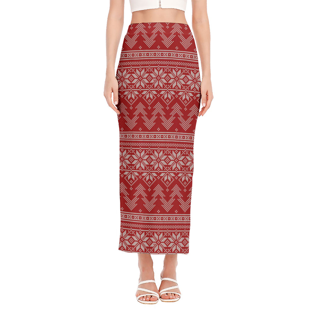 Christmas Festive Knitted Pattern Print Side Slit Maxi Skirt