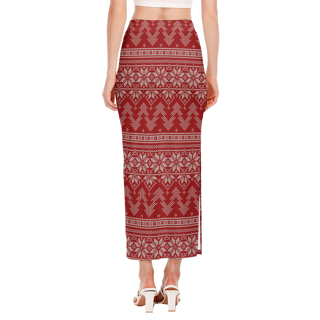Christmas Festive Knitted Pattern Print Side Slit Maxi Skirt