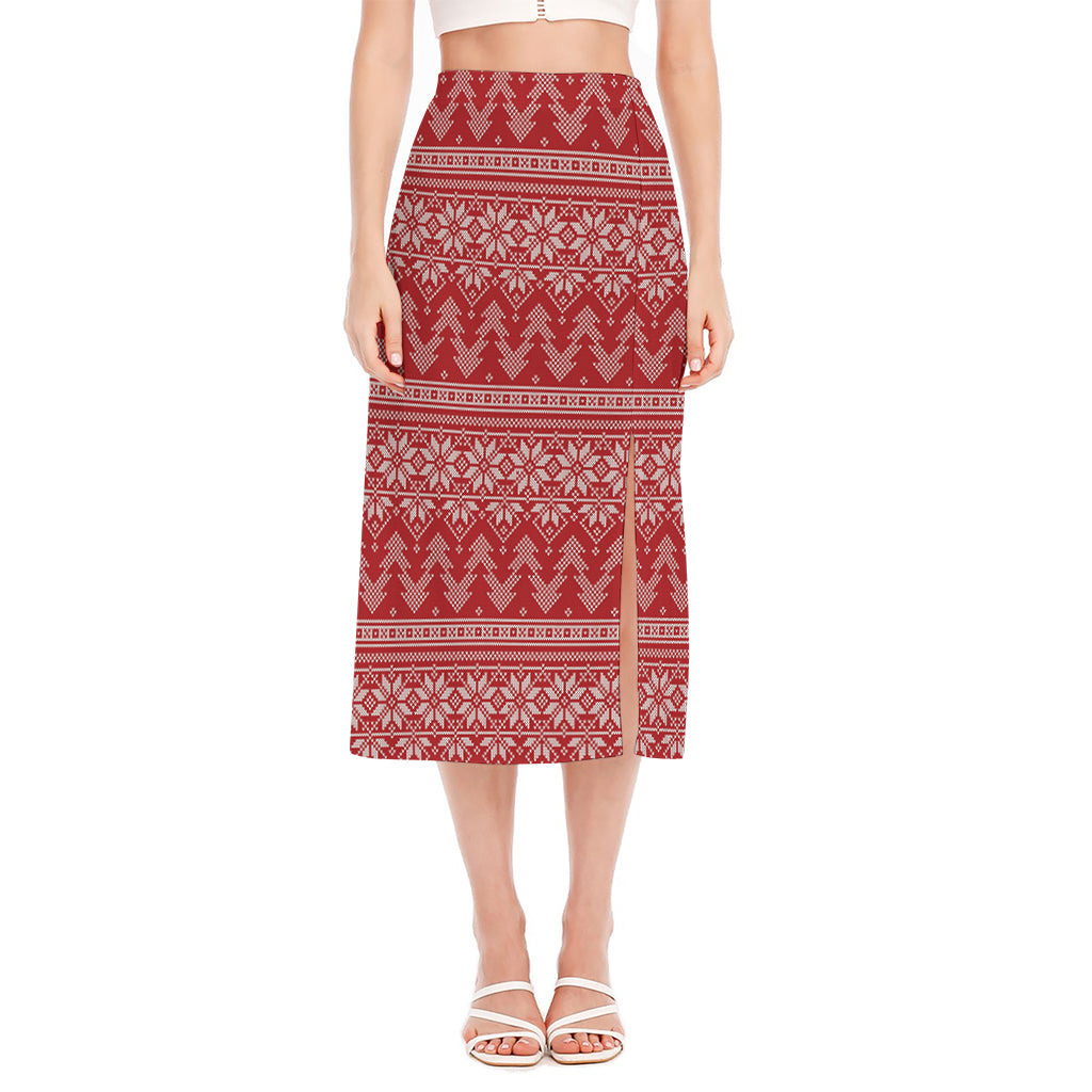 Christmas Festive Knitted Pattern Print Side Slit Midi Skirt
