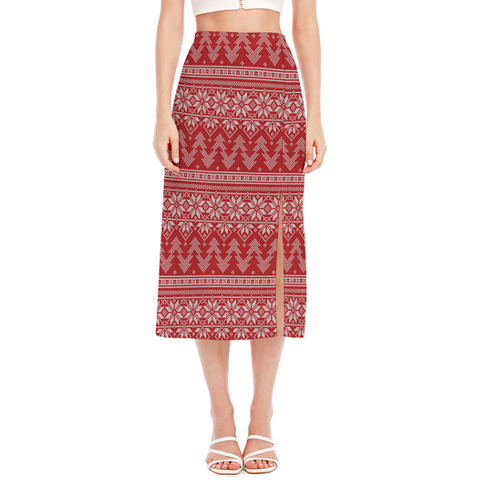Christmas Festive Knitted Pattern Print Side Slit Midi Skirt