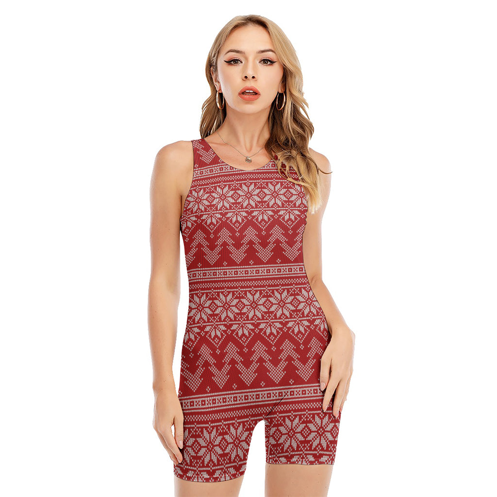 Christmas Festive Knitted Pattern Print Sleeveless One Piece Swimsuit