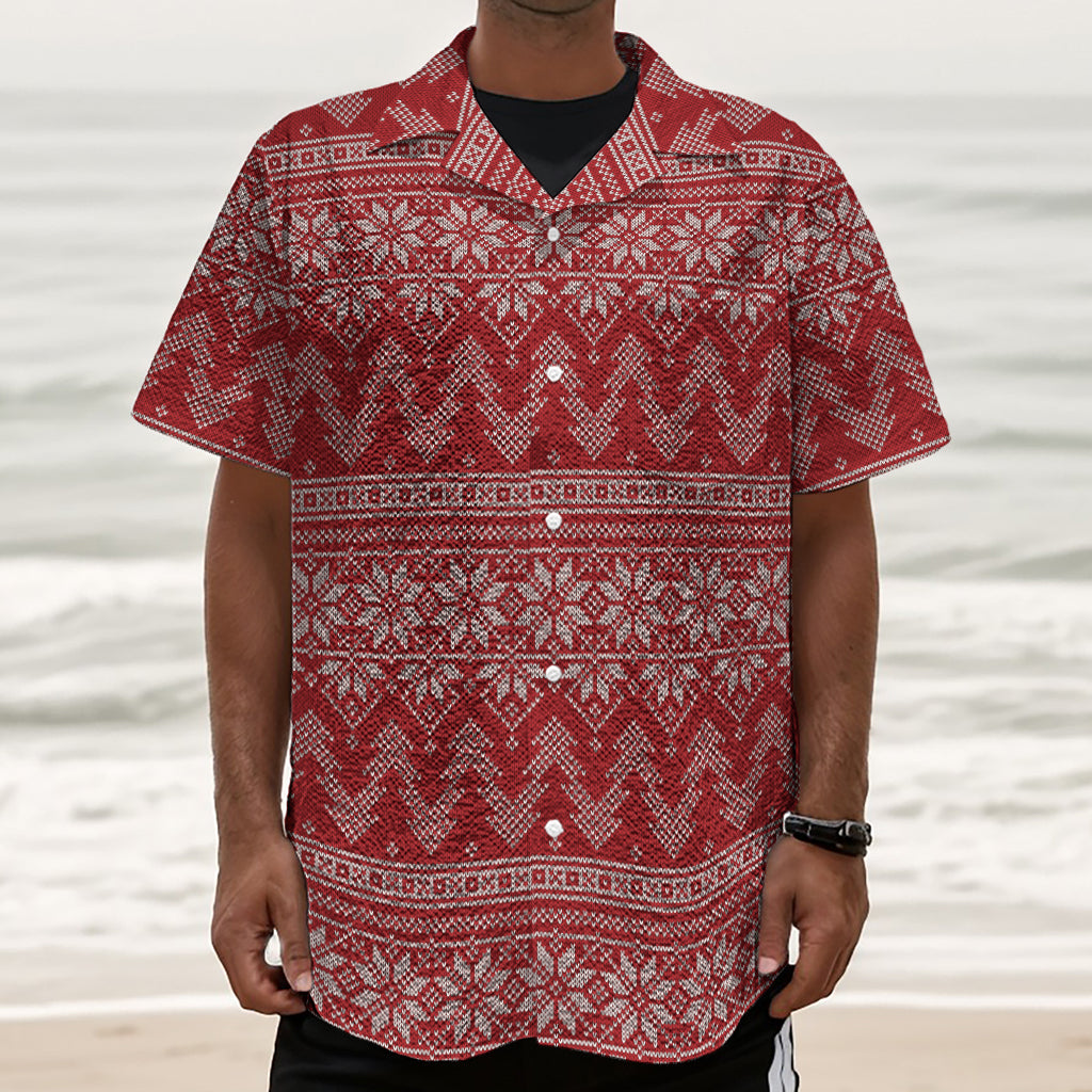 Christmas Festive Knitted Pattern Print Textured Short Sleeve Shirt