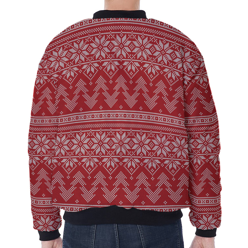 Christmas Festive Knitted Pattern Print Zip Sleeve Bomber Jacket