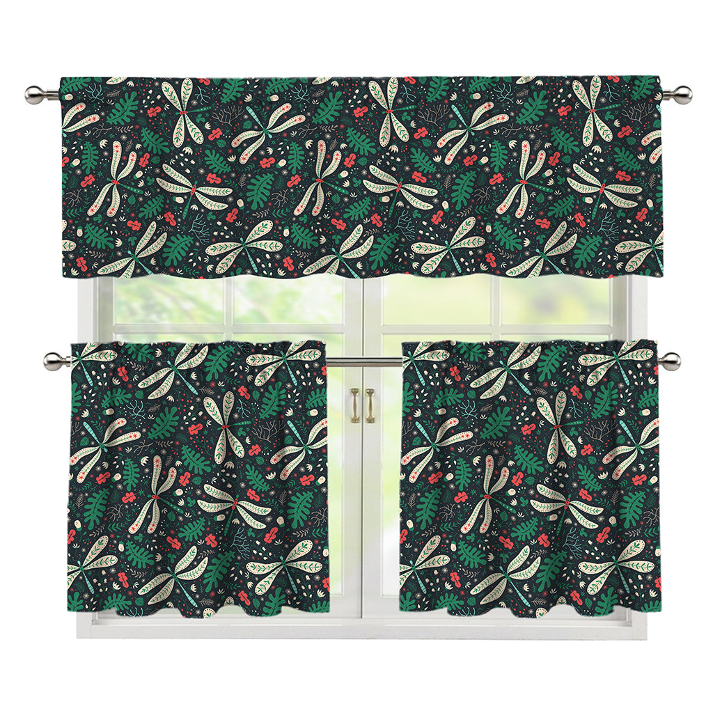 Christmas Floral Dragonfly Pattern Print 3 Piece Kitchen Curtains