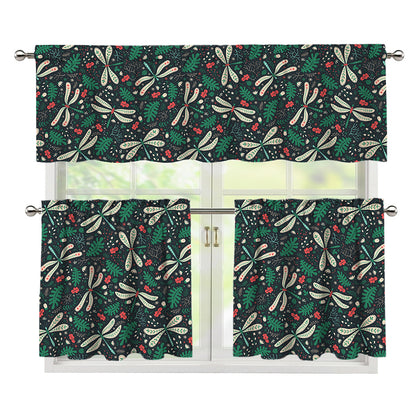Christmas Floral Dragonfly Pattern Print 3 Piece Kitchen Curtains