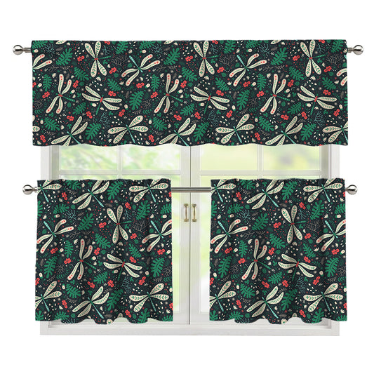 Christmas Floral Dragonfly Pattern Print 3 Piece Kitchen Curtains