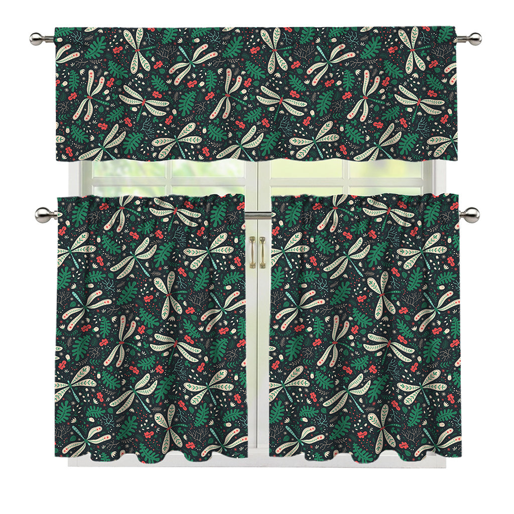Christmas Floral Dragonfly Pattern Print 3 Piece Kitchen Curtains