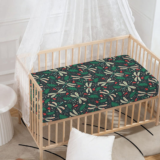 Christmas Floral Dragonfly Pattern Print Baby Crib Sheet