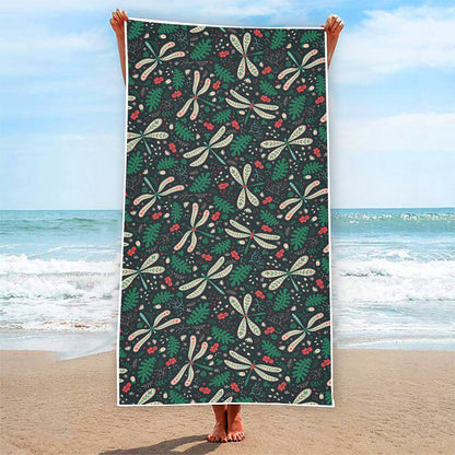 Christmas Floral Dragonfly Pattern Print Beach Towel