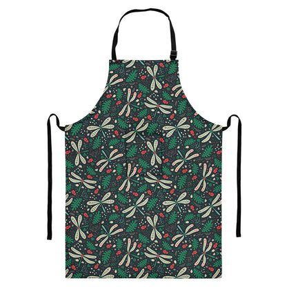 Christmas Floral Dragonfly Pattern Print Bib Apron With Pocket