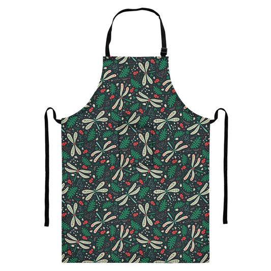 Christmas Floral Dragonfly Pattern Print Bib Apron With Pocket