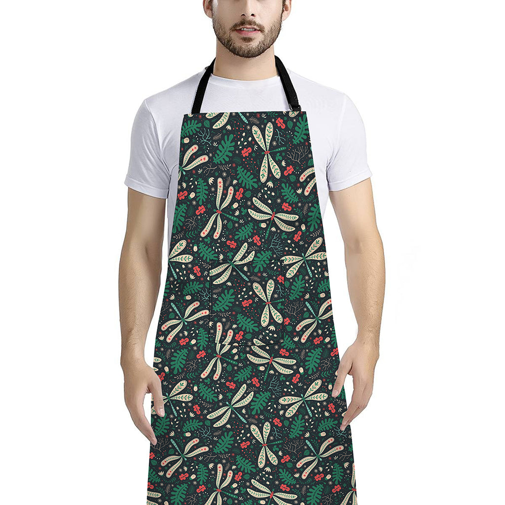 Christmas Floral Dragonfly Pattern Print Bib Apron With Pocket