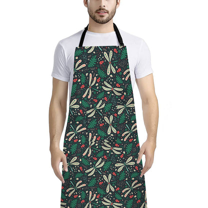 Christmas Floral Dragonfly Pattern Print Bib Apron With Pocket
