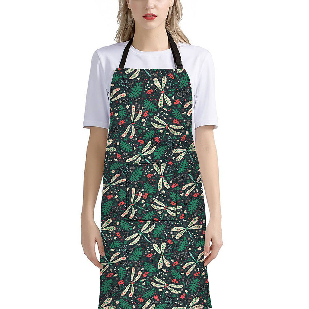 Christmas Floral Dragonfly Pattern Print Bib Apron With Pocket