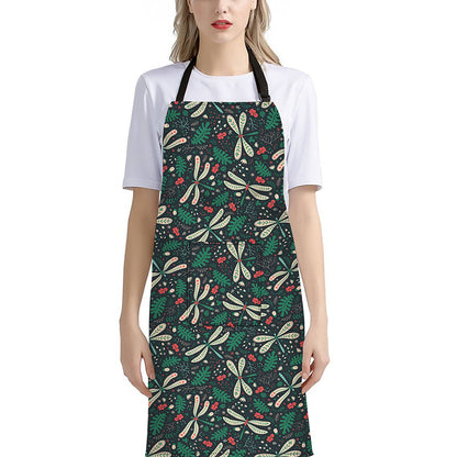 Christmas Floral Dragonfly Pattern Print Bib Apron With Pocket
