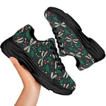 Christmas Floral Dragonfly Pattern Print Black Chunky Shoes