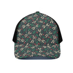 Christmas Floral Dragonfly Pattern Print Black Mesh Trucker Cap